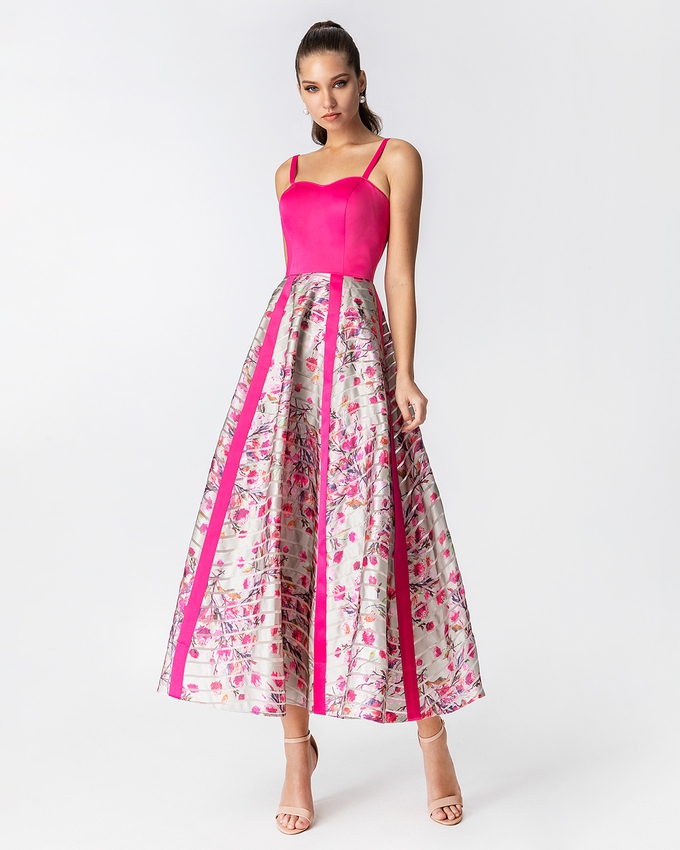 Cocktail midi dress with printed skirt and solid color top