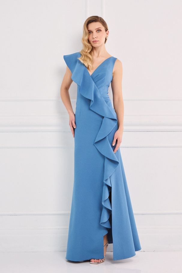 Classic long crepe dress with ruffle