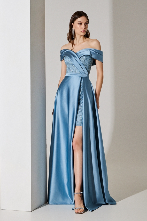 Evening long satin dress with sleeves and fully embroidered short inner dress