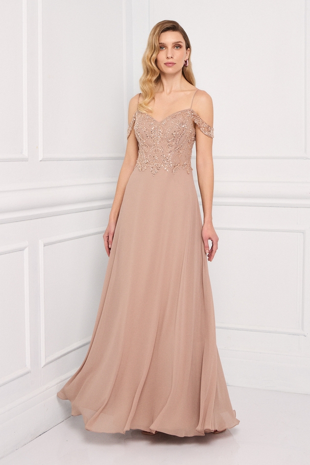 Classic long chiffon dress with fully embroidered top