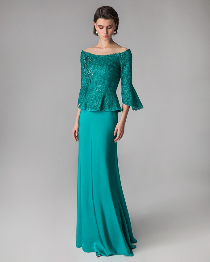 Long evening dress with lace top and long sleeves