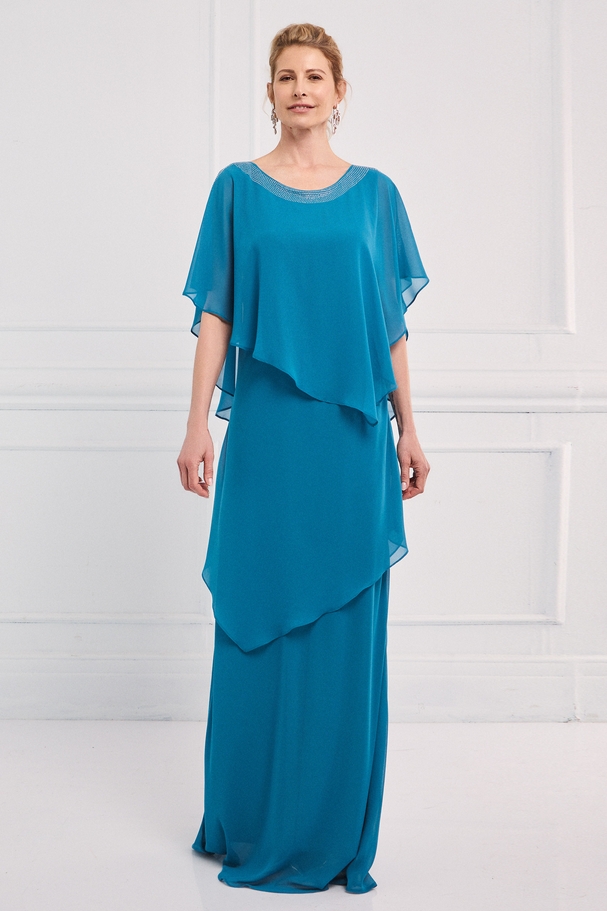 Classic long dress with rhinestones around the neckline and sleeves