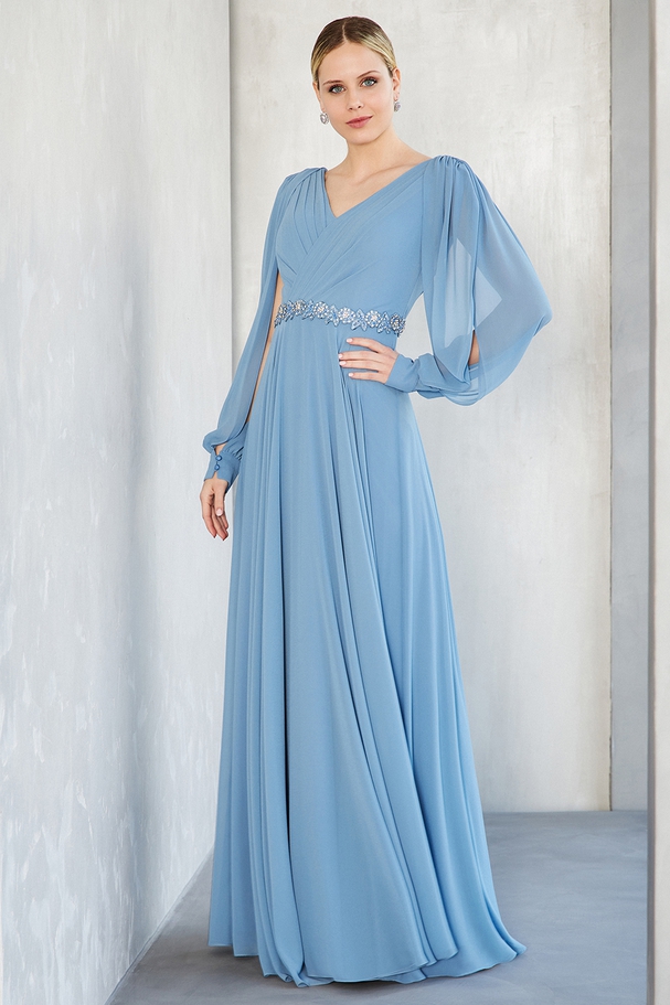Long evening chiffon dress with beading at the waist and long sleeves