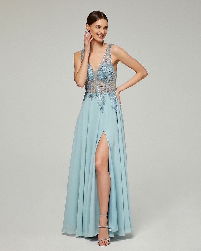 Long evening chiffon dress with beading on the top and open back