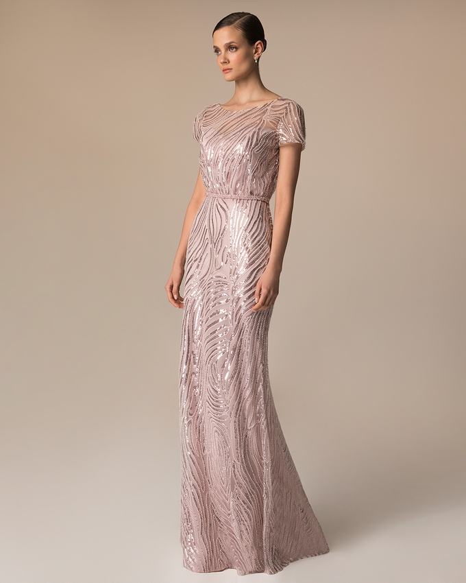 Long evening fully beaded dress with short sleeves