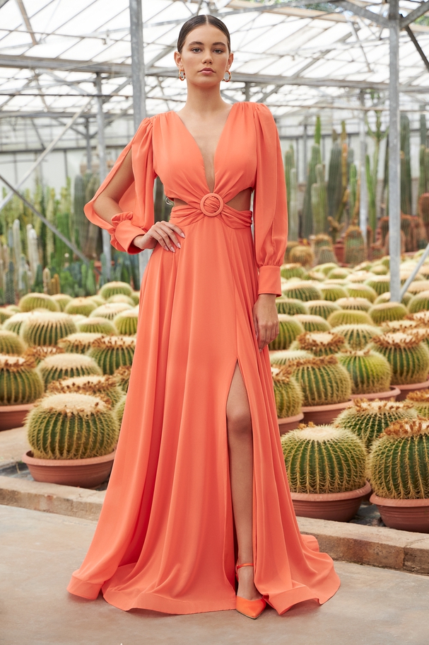 Long cocktail satin dress with openings  on the sides and long sleeves