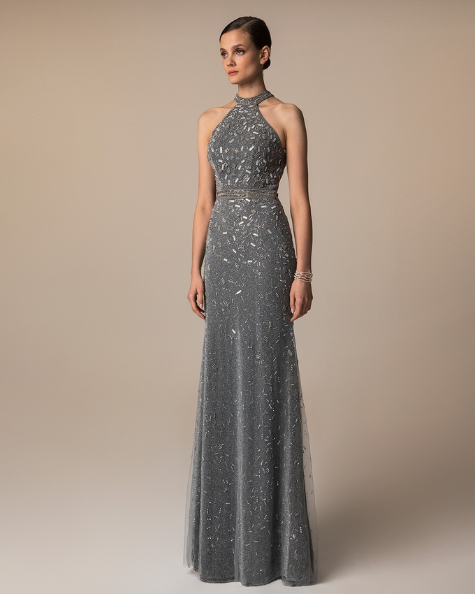 Long evening dress with beaded neck and waist