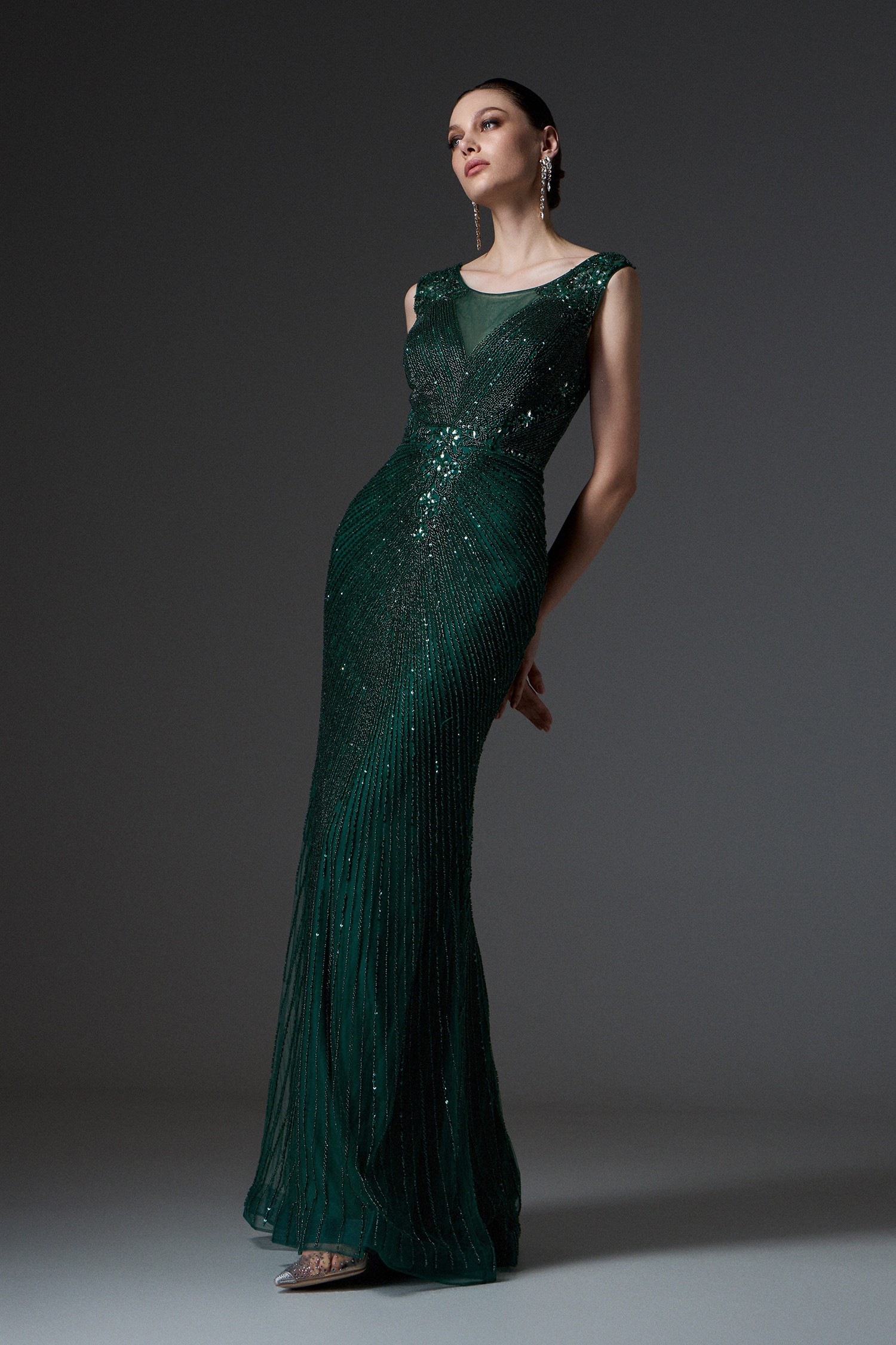 Red Carpet / Evening long fully embroidered dress with wide straps