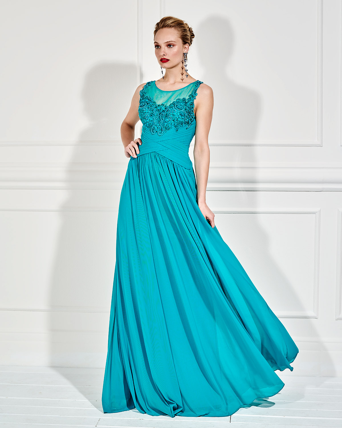 Evening Dresses / Long evening dress with beaded bust and transparency in the back