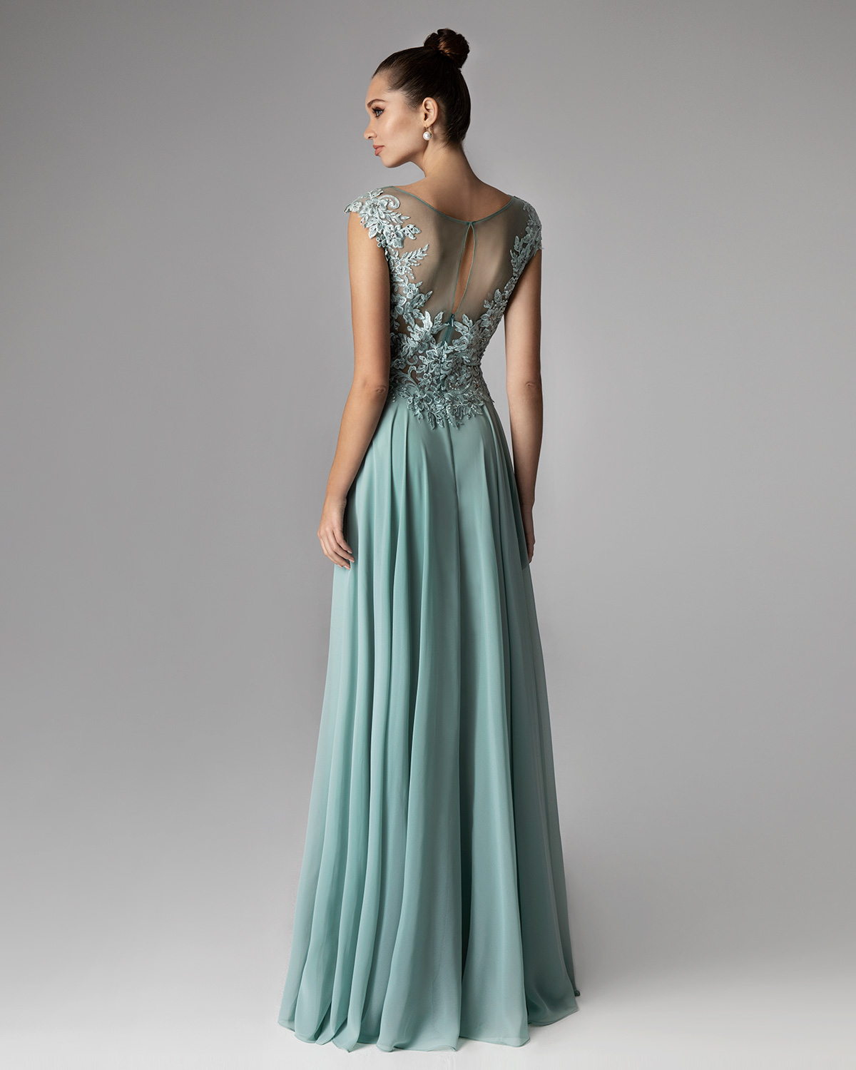 Long evening dress with lace top and chiffon skirt