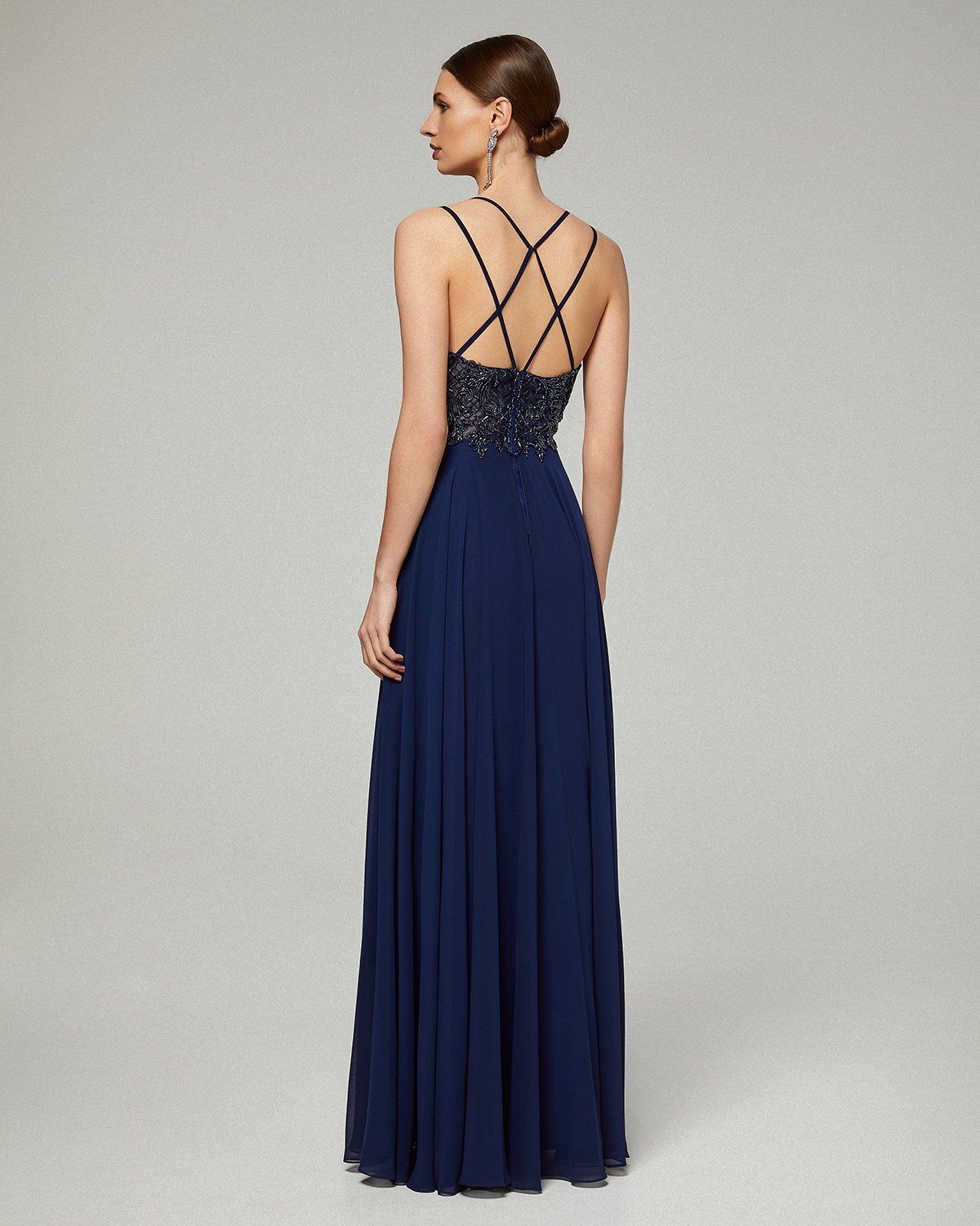 Evening Dresses / Long evening chiffon dress with fully beaded top and straps