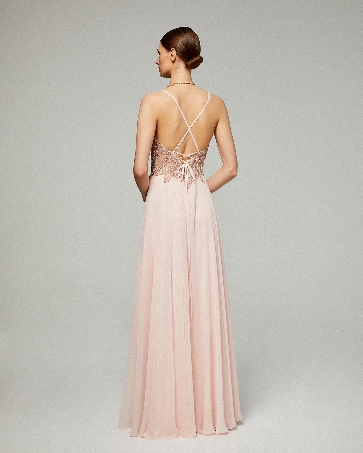 Long evening chiffon dress with beaded lace top and straps