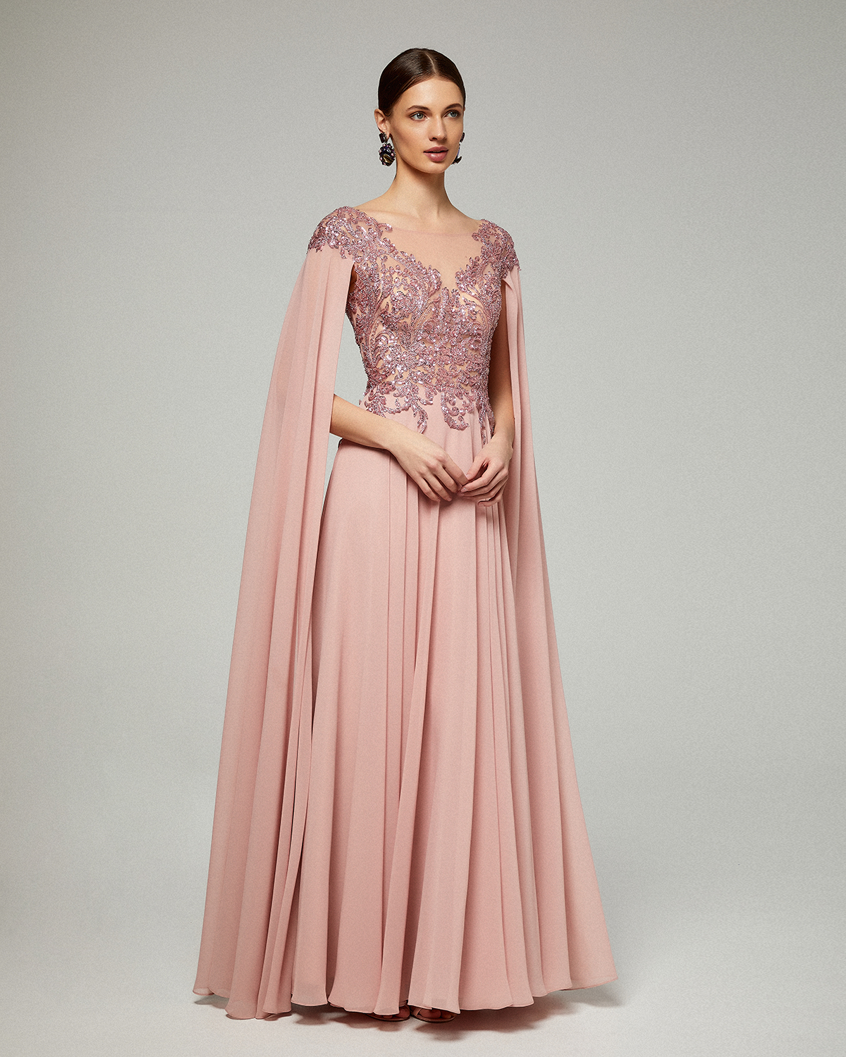 Long  chiffon dress with fully beaded lace top and long sleeves