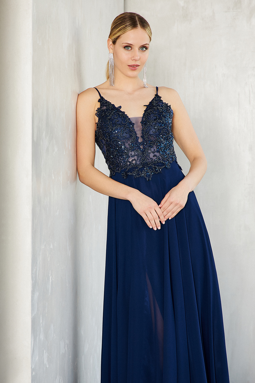 Long evening chiffon dress with beaded top, straps and open back
