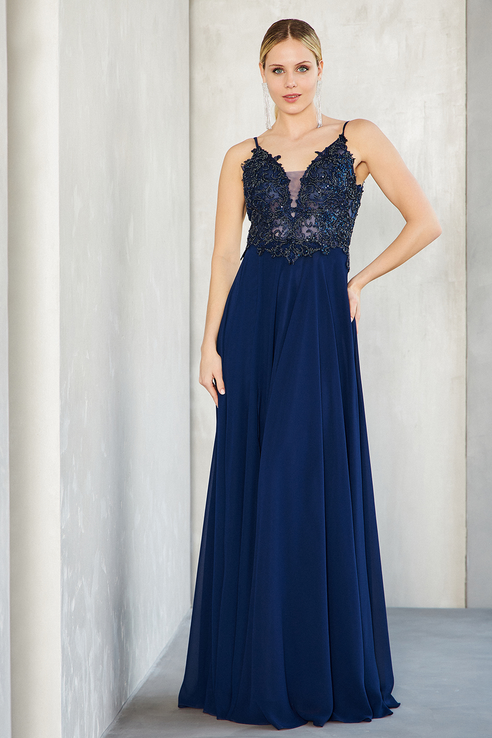 Long evening chiffon dress with beaded top, straps and open back