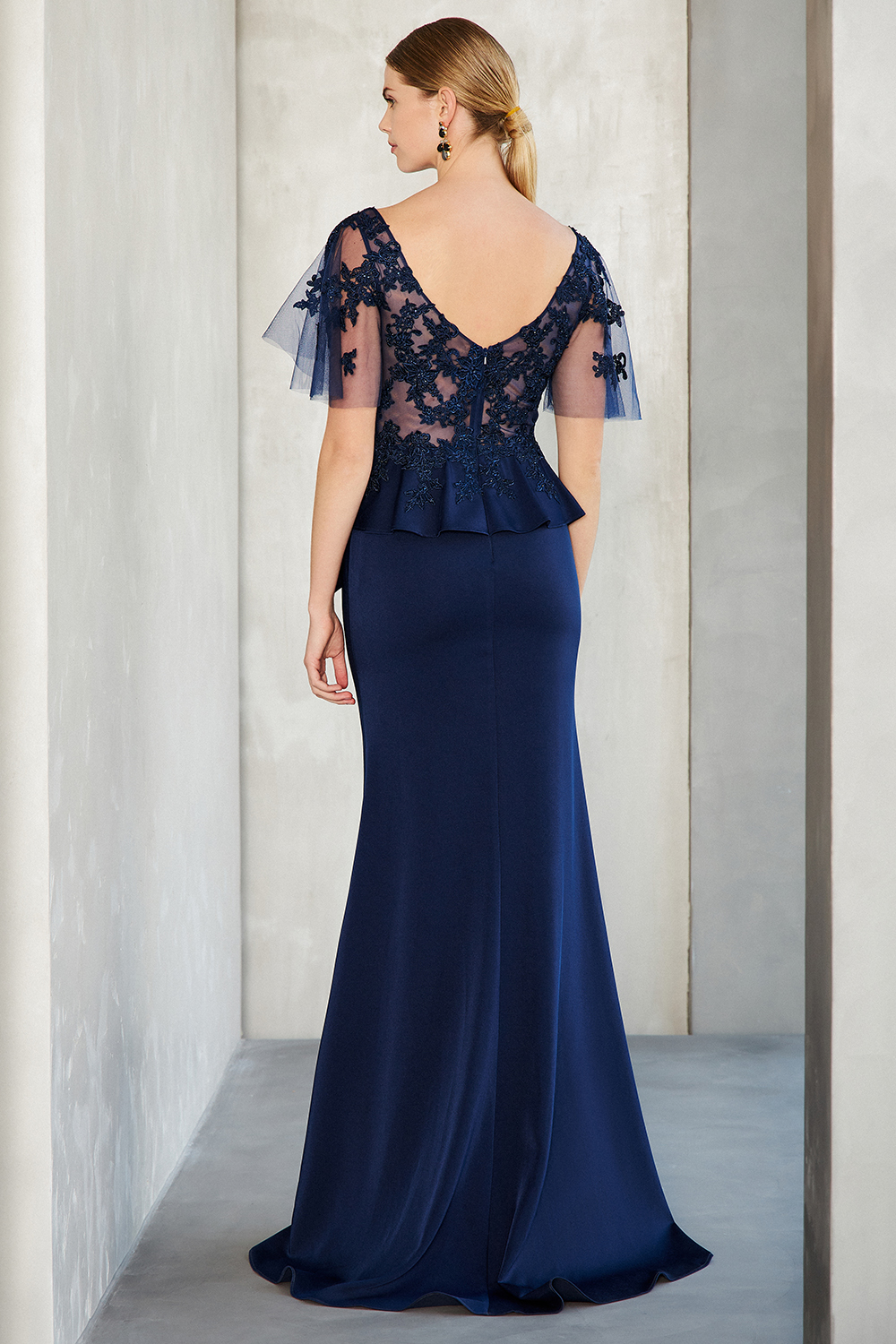 Long evening satin dress with beaded top and sleeves with tulle