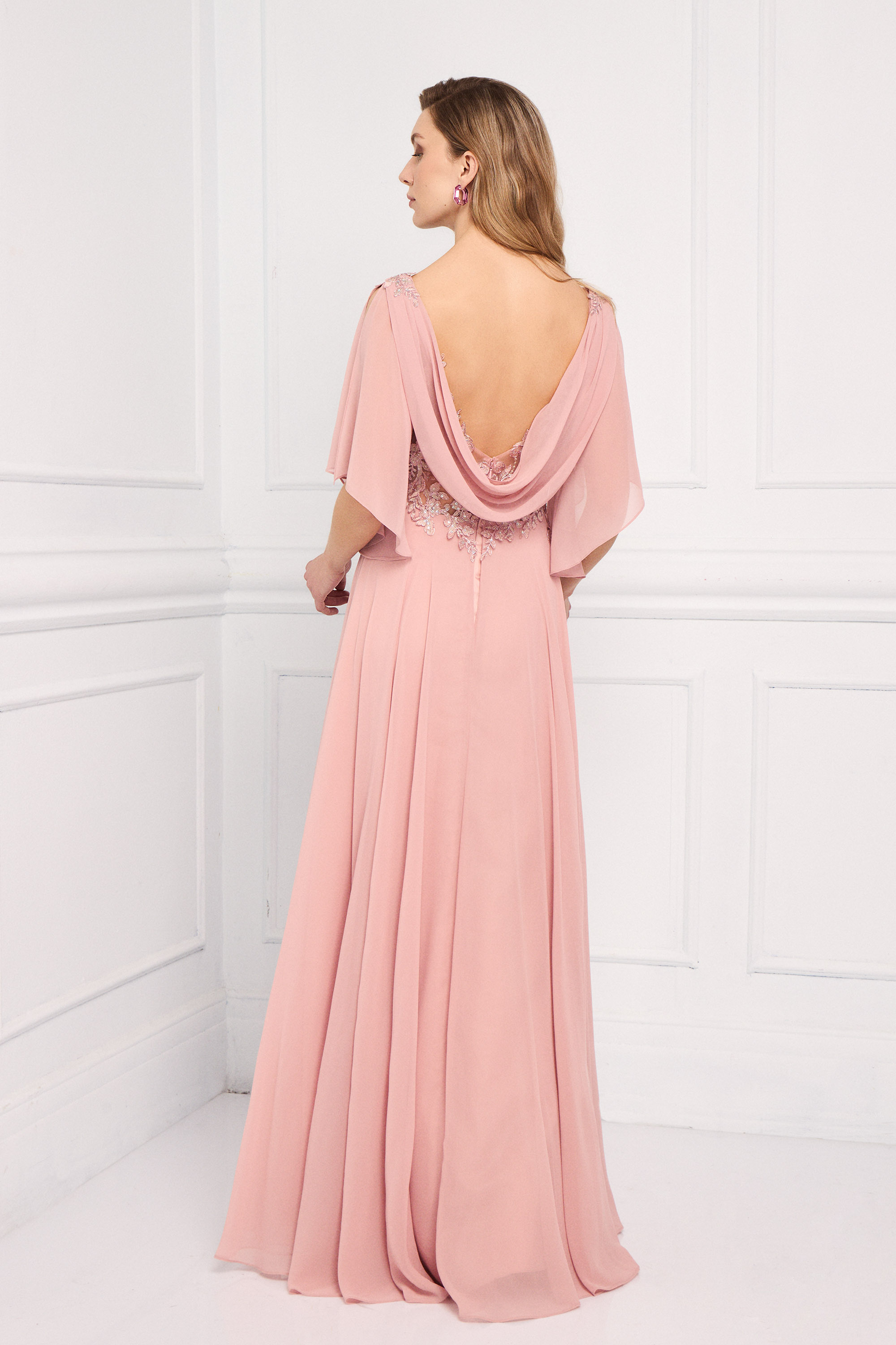 Classic Dresses / Classic long chiffon dress with an embroidered lace top and sleeves