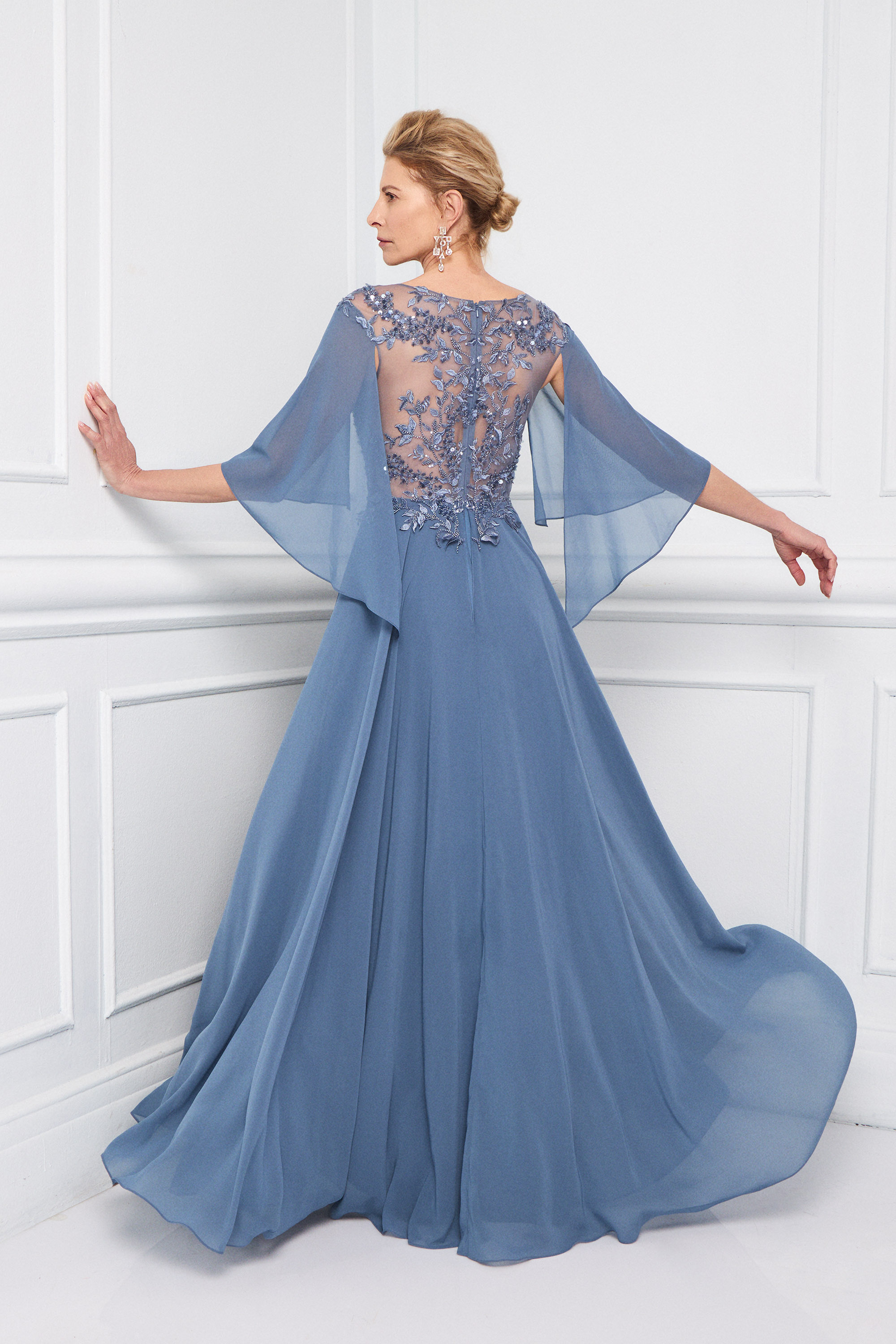 Classic Dresses / Classic long chiffon dress with an embroidered lace top and sleeves