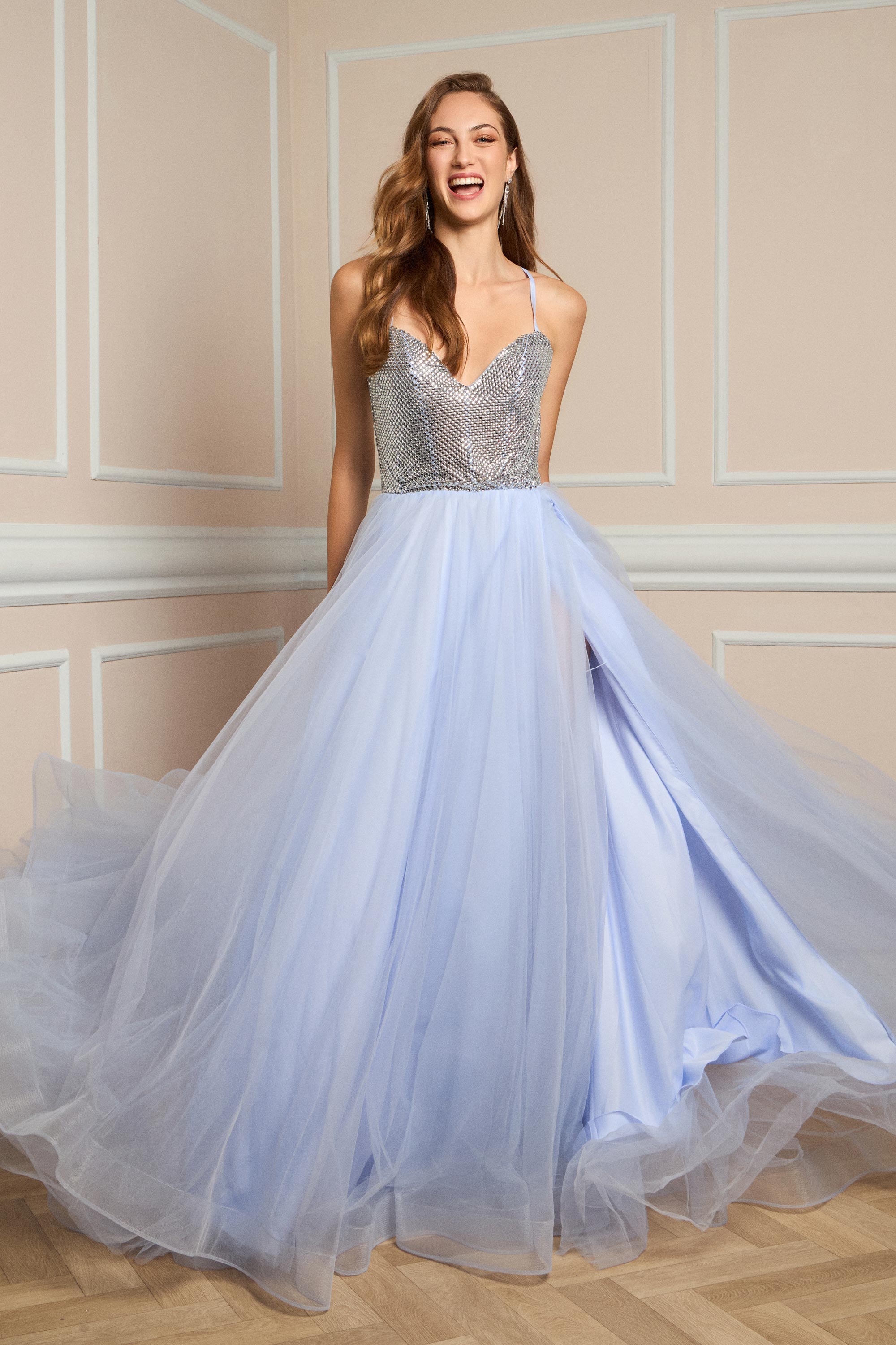 Αμπιγιέ Φορέματα / Εντυπωσιακό αμπιγιέ φόρεμα μακρύ με παγιέτες, τούλι και σκίσιμο