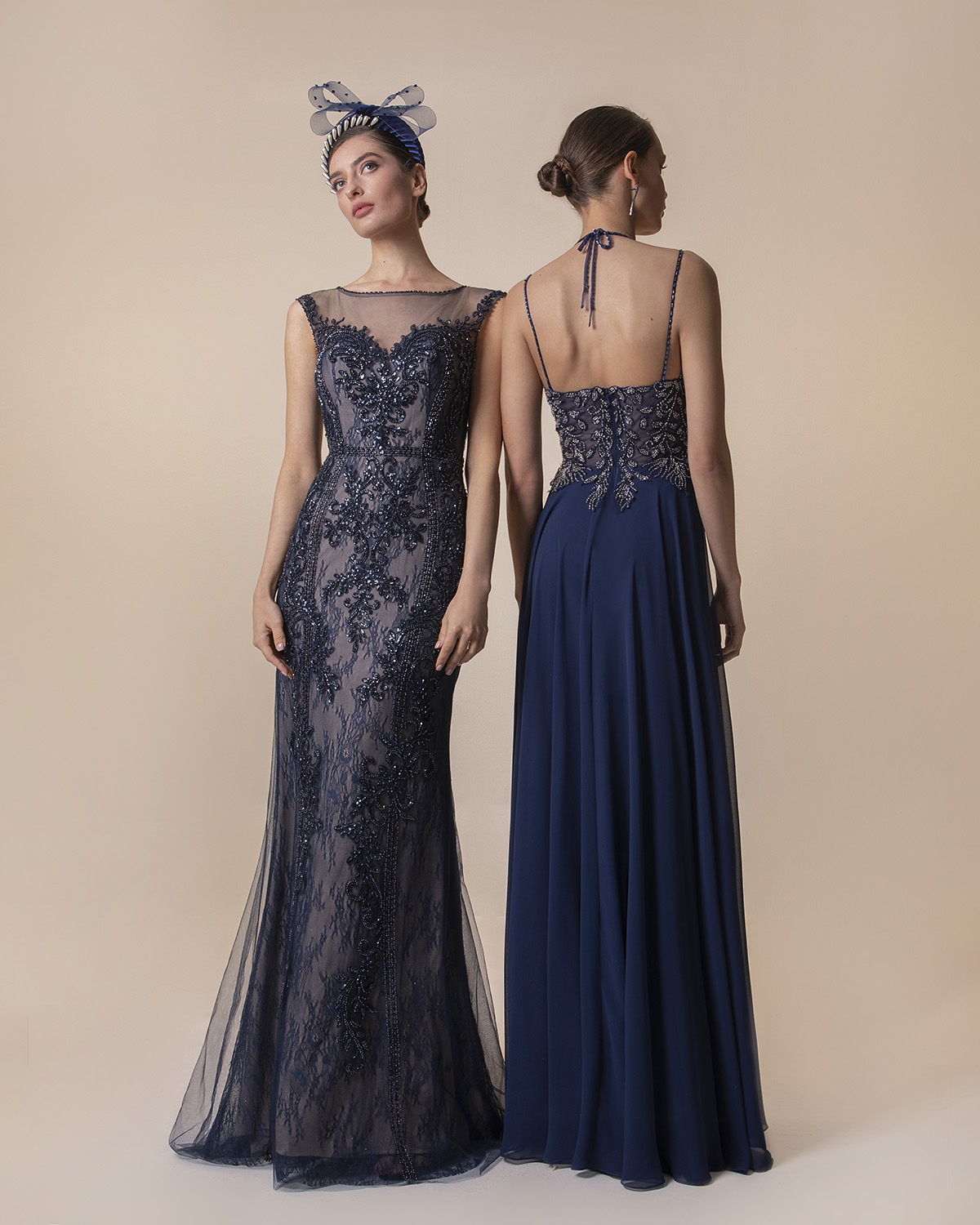 Long evening tulle fully beaded dress with lace
