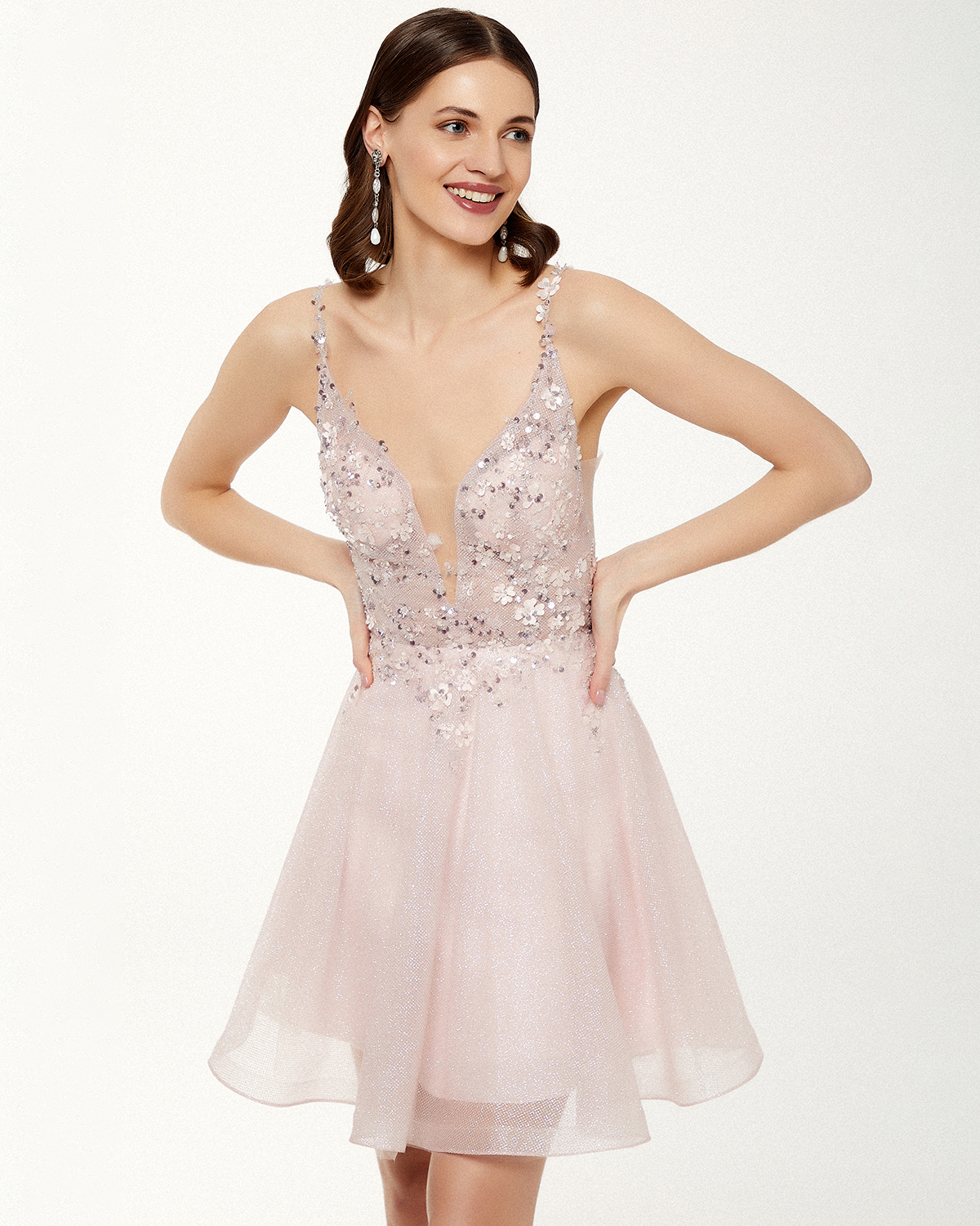Short cocktail shining tull drees with beaded top and straps