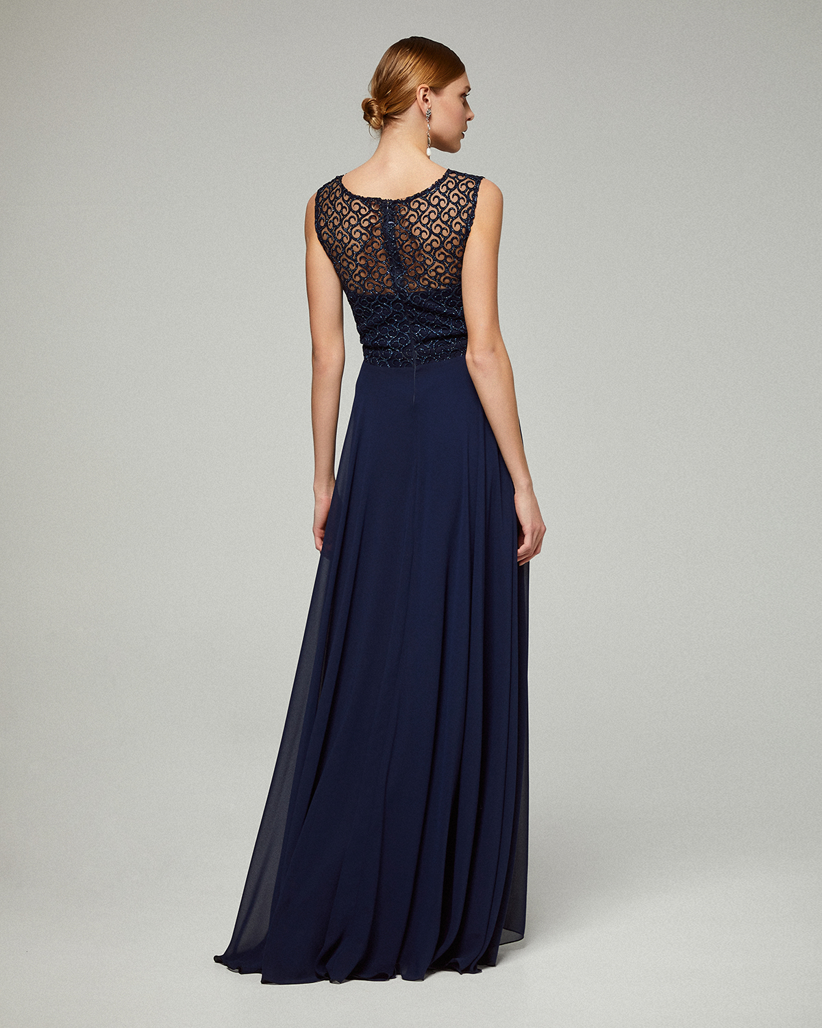 Long evening chiffon dress with beaded lace on the top for the mother of the bride