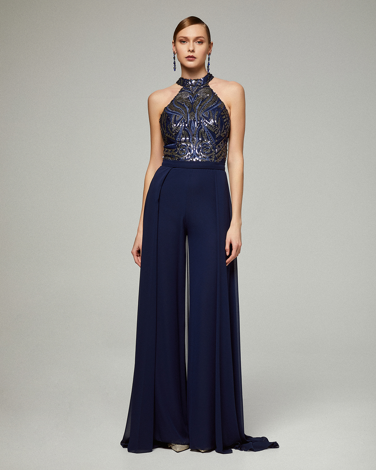 Evening jumpsuit with beaded top and chiffon skirt
