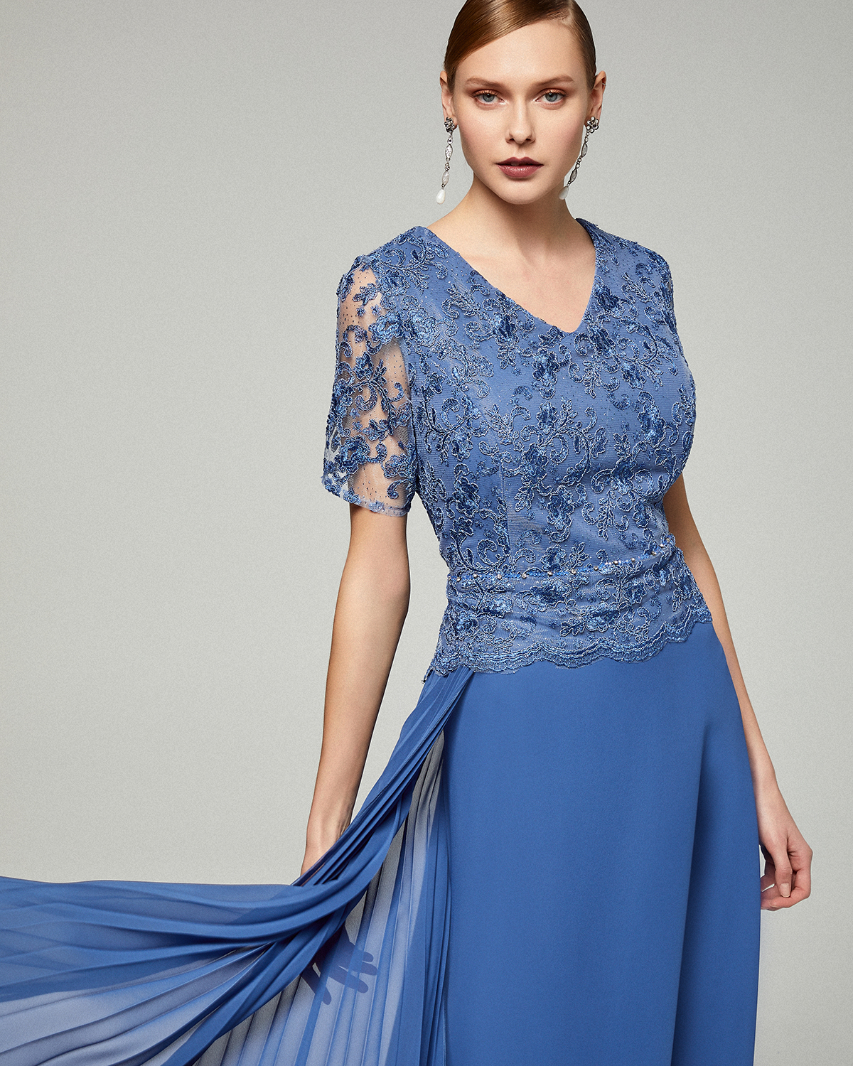 Long chiffon dress with  beaded lace top and short sleeves