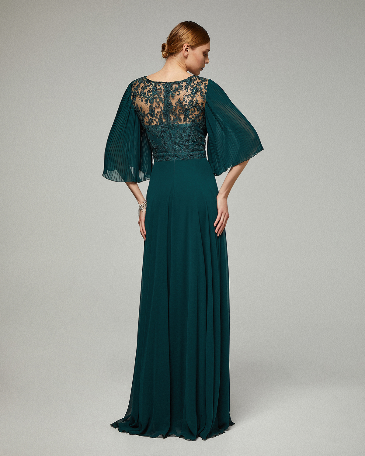 Long evening chiffon dress with lace top and pleated sleeves
