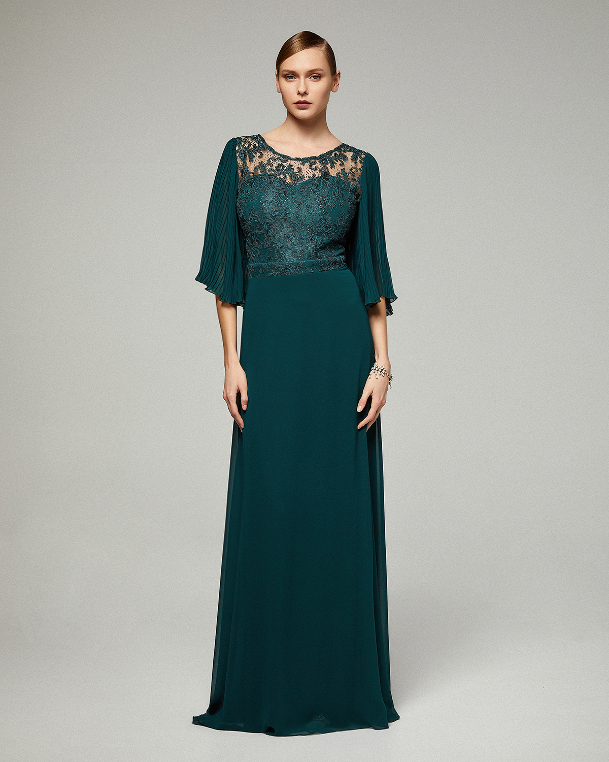 Long evening chiffon dress with lace top and pleated sleeves