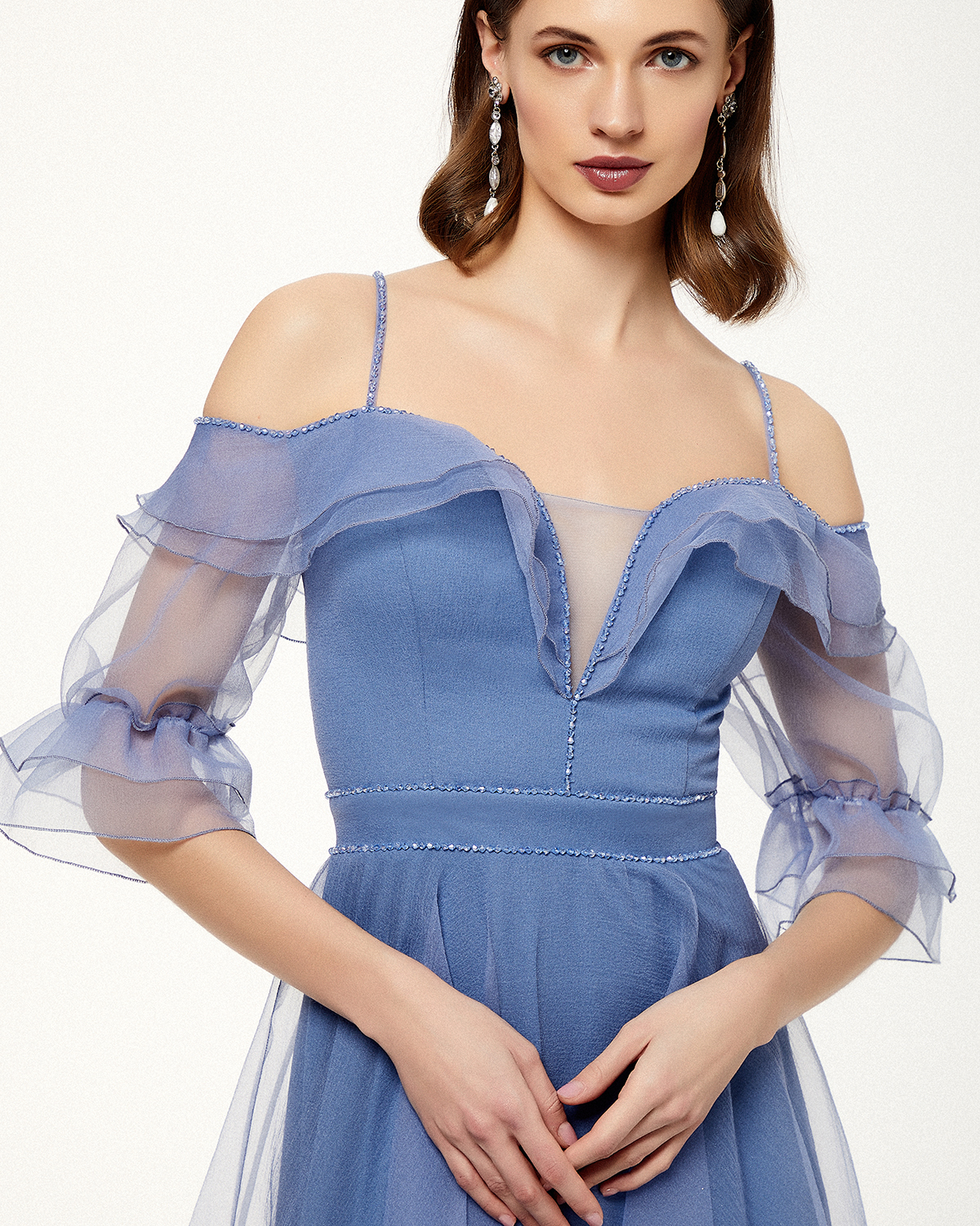 Cocktail Dresses / Long cocktail dress with organza fabric , beaded top and long sleeves