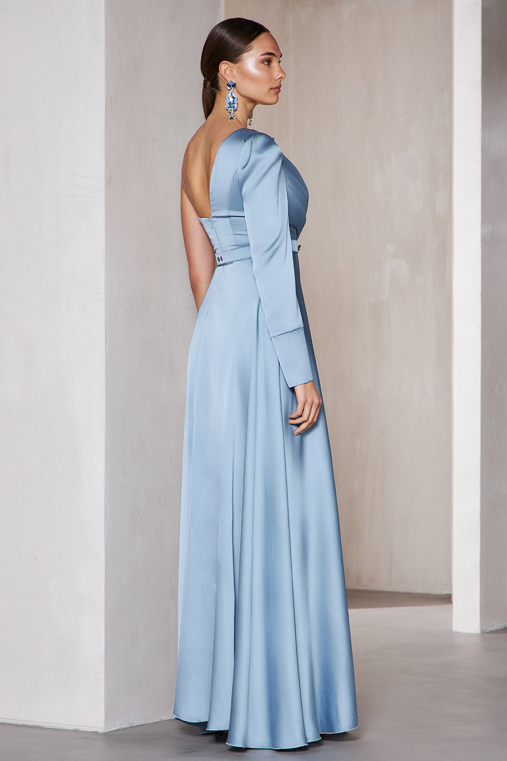 One shoulder cocktail long satin dress with long sleeve and belt at the waist