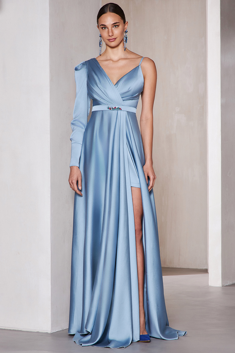One shoulder cocktail long satin dress with long sleeve and belt at the waist