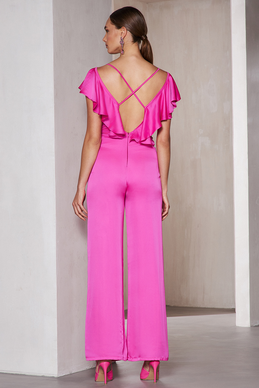 Cocktail satin jumpsuit with open back and short sleeves