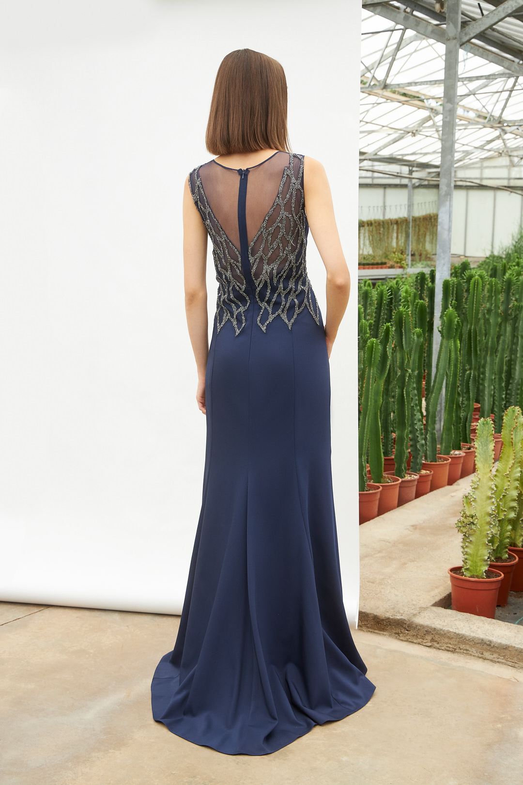 Classic Dresses / Long classic crepe satin dress with beaded tulle top