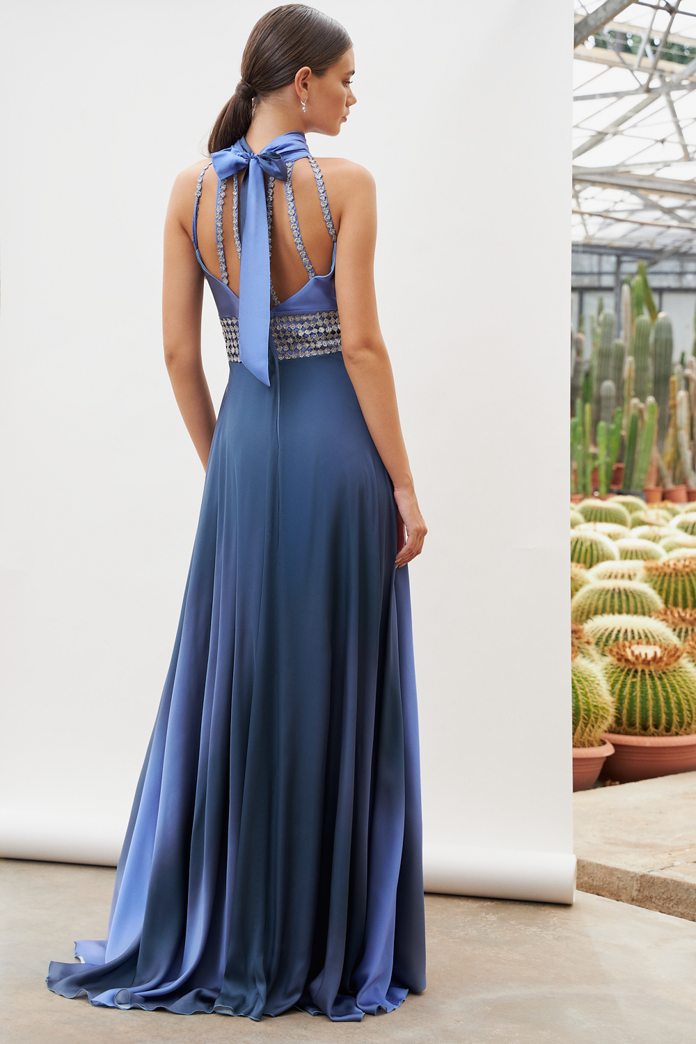 Cocktail Dresses / Long cocktail satin dress with beading at the waist and open back