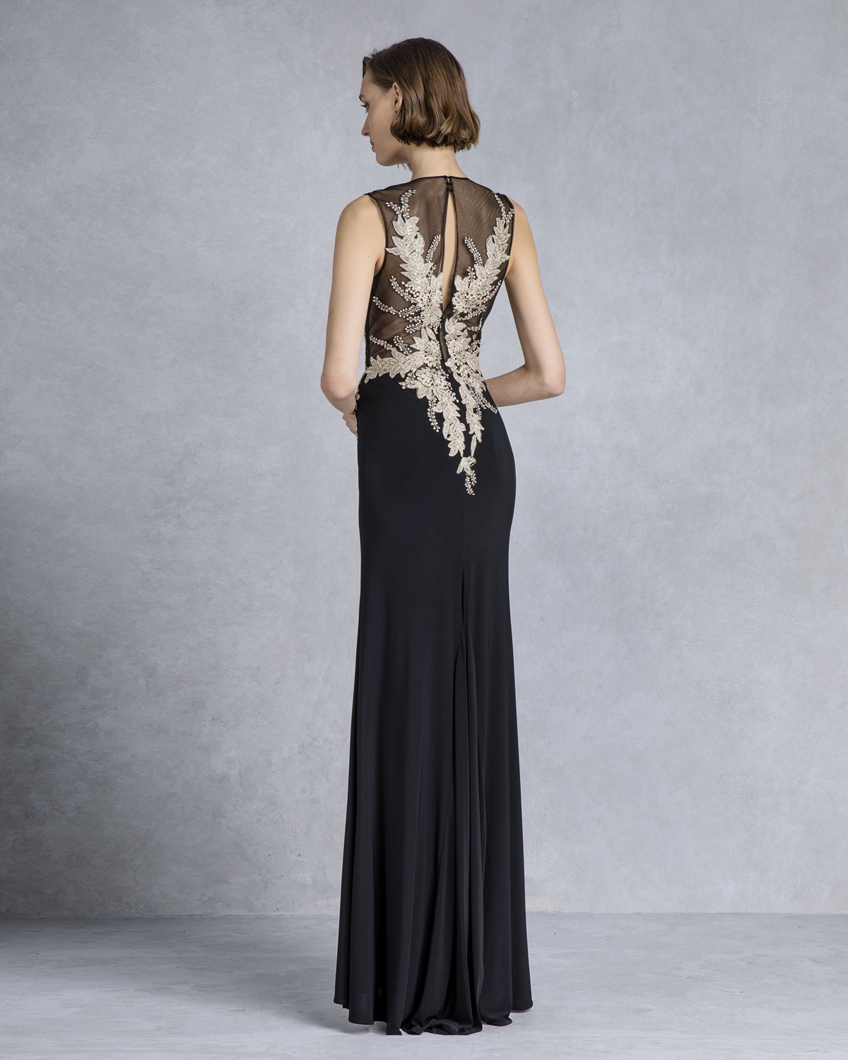 Long evening beaded dress with gold lace