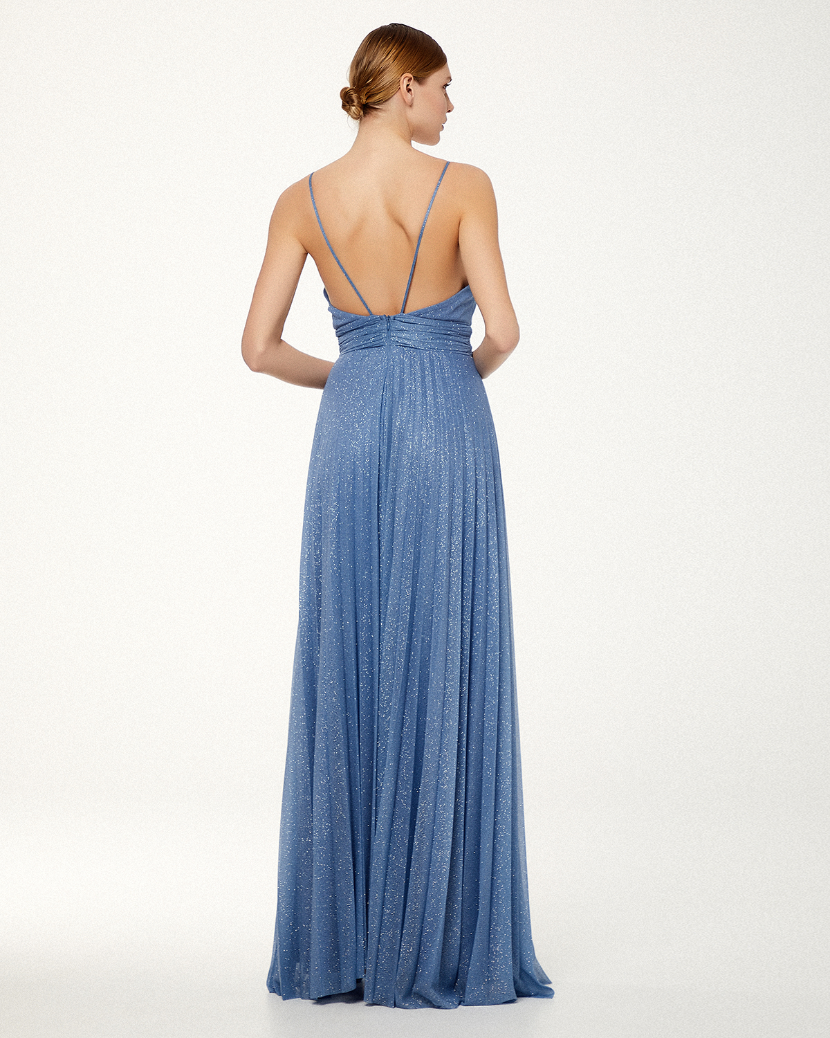 Long cocktail pleated dress with shining fabric and straps