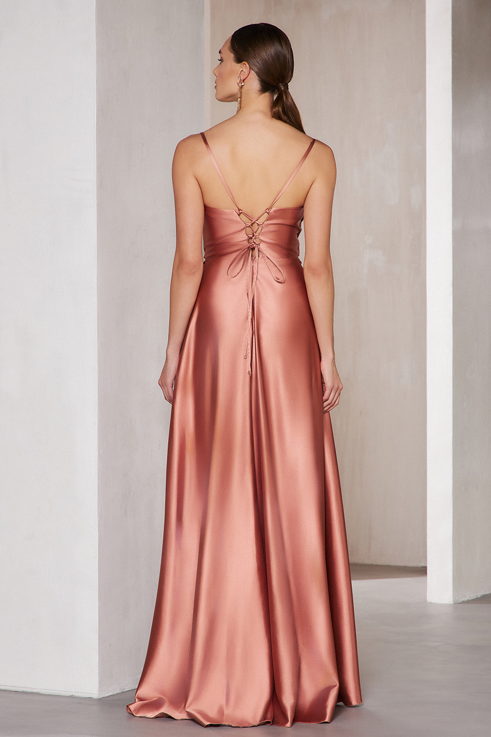 Long cocktail open back dress with opening