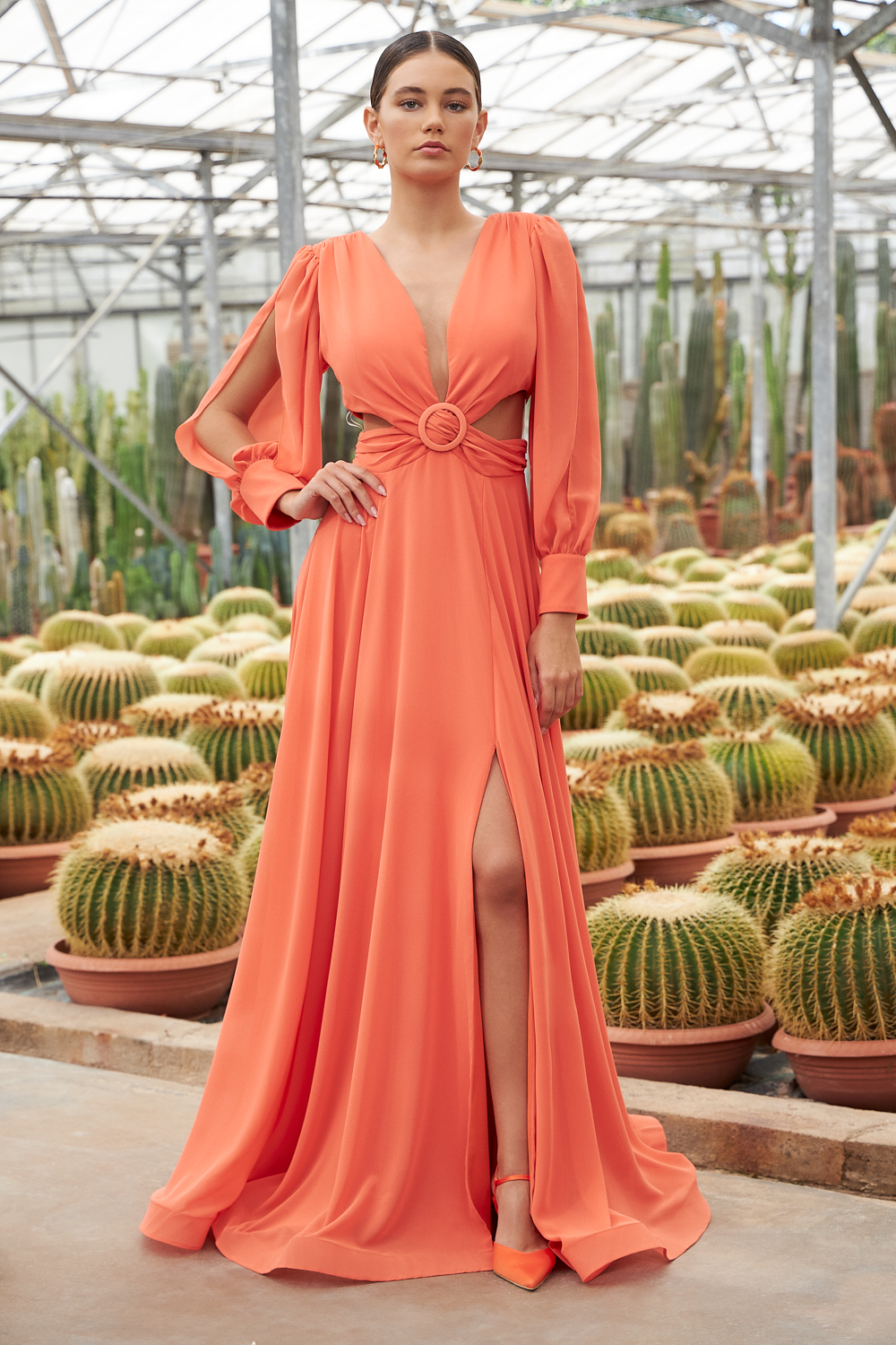 Cocktail Dresses / Long cocktail satin dress with openings  on the sides and long sleeves