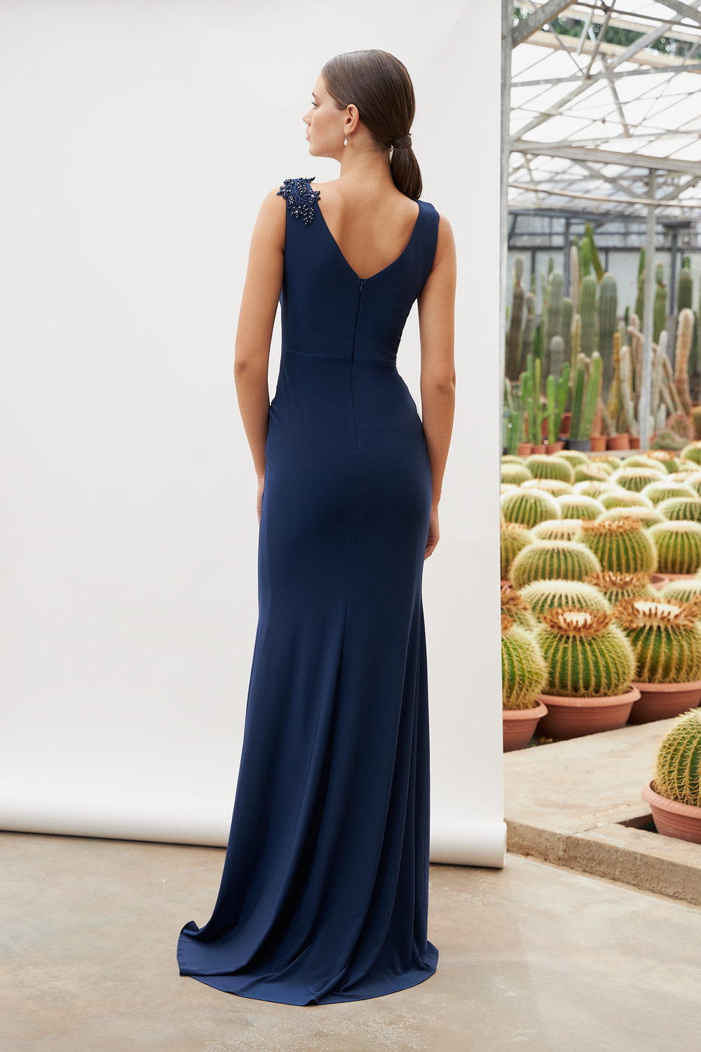Classic Dresses / Long classic dress with beaded top, wide straps and opening