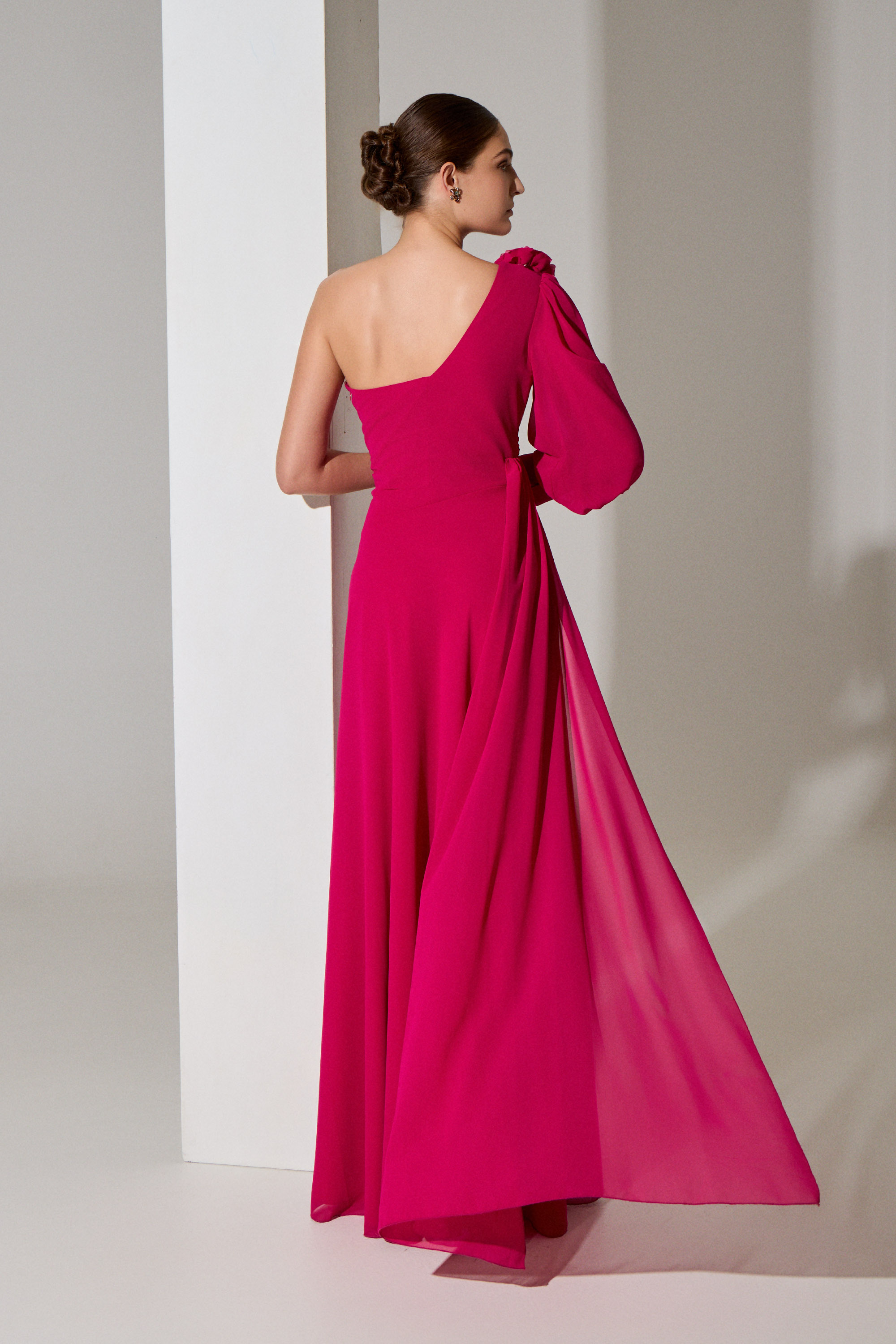 Evening Dresses / Evening long one-shoulder dress with a long sleeve and a flower on the shoulder