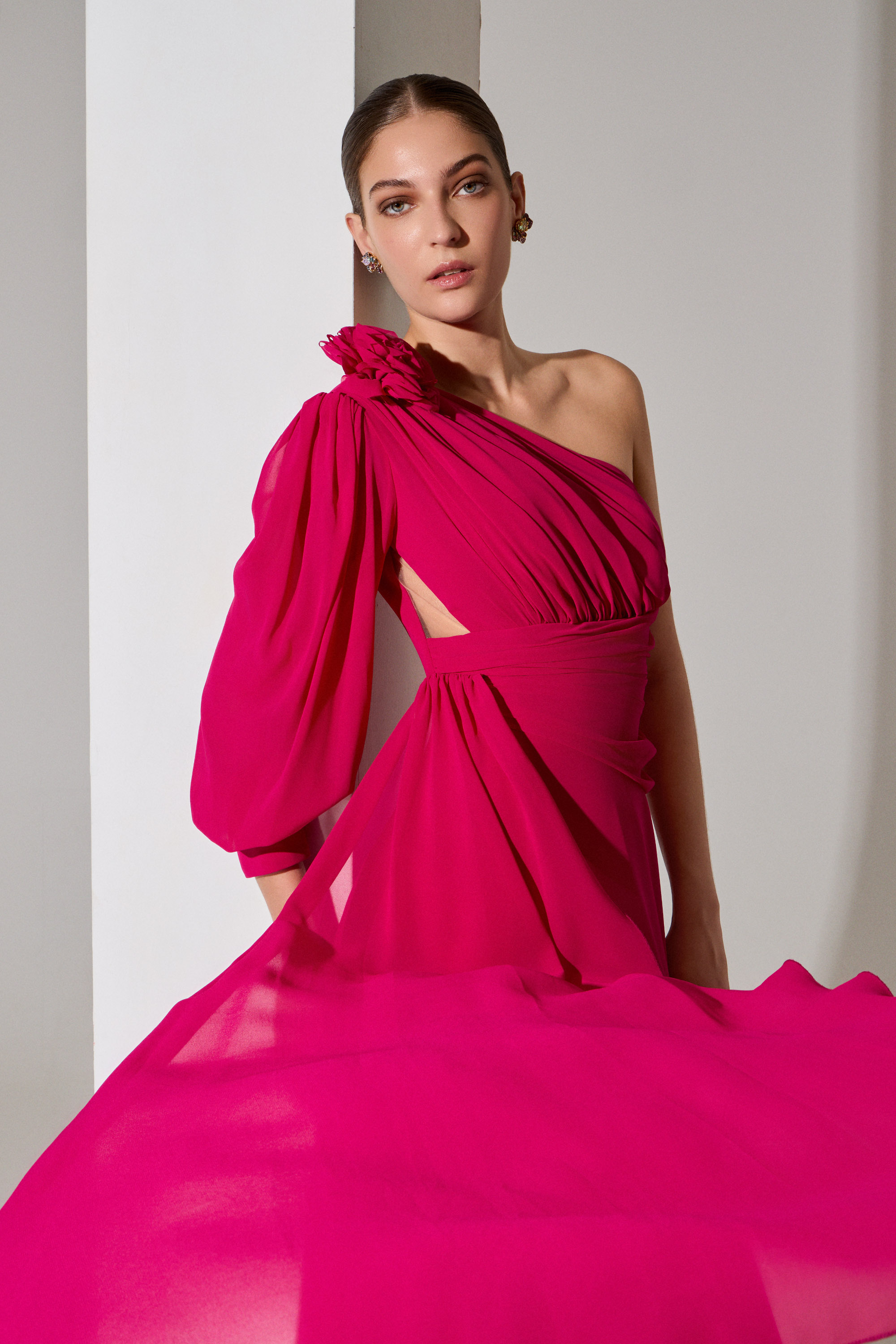 Evening Dresses / Evening long one-shoulder dress with a long sleeve and a flower on the shoulder