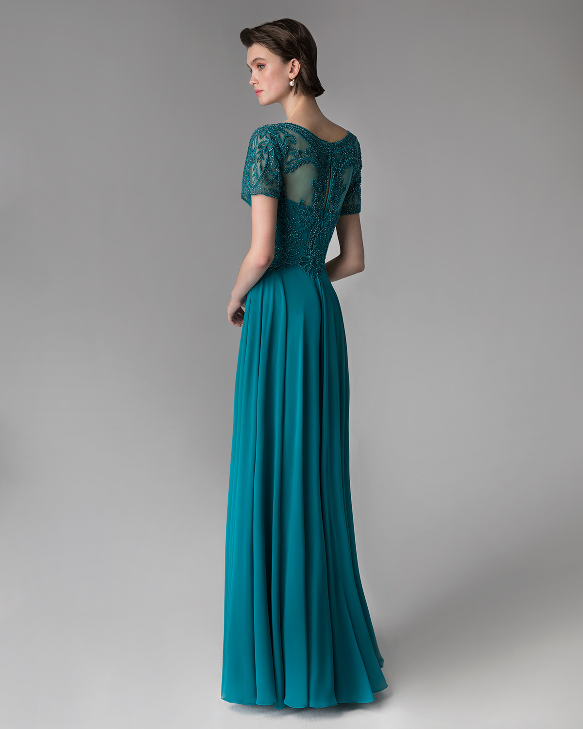Long evening dress for the mother of the bride with fully beaded top and short sleeves