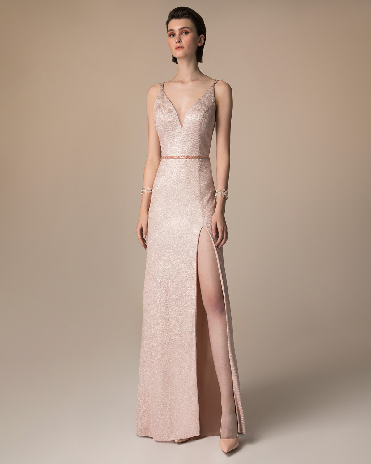 Evening Dresses / Long evening dress with beaded belt and shining fabric