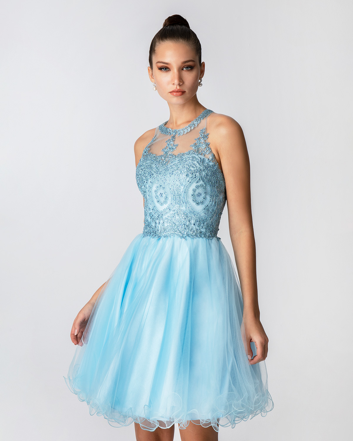 Cocktail Dresses / Cocktail short tulle dress with beaded top