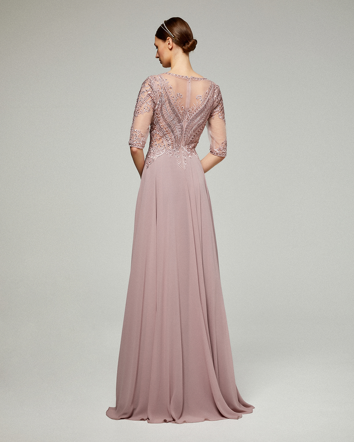 Long evening chiffon dress with lace top and sleeves for the mother of the bride