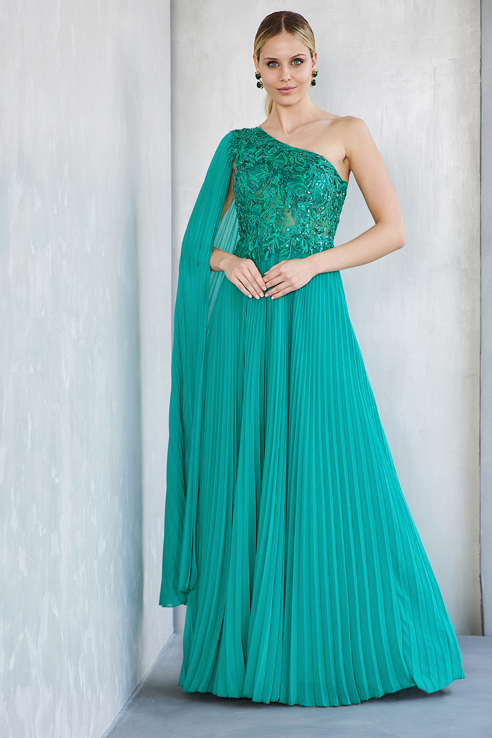 Long evening pleated dress, beaded top with one pleated long sleeve