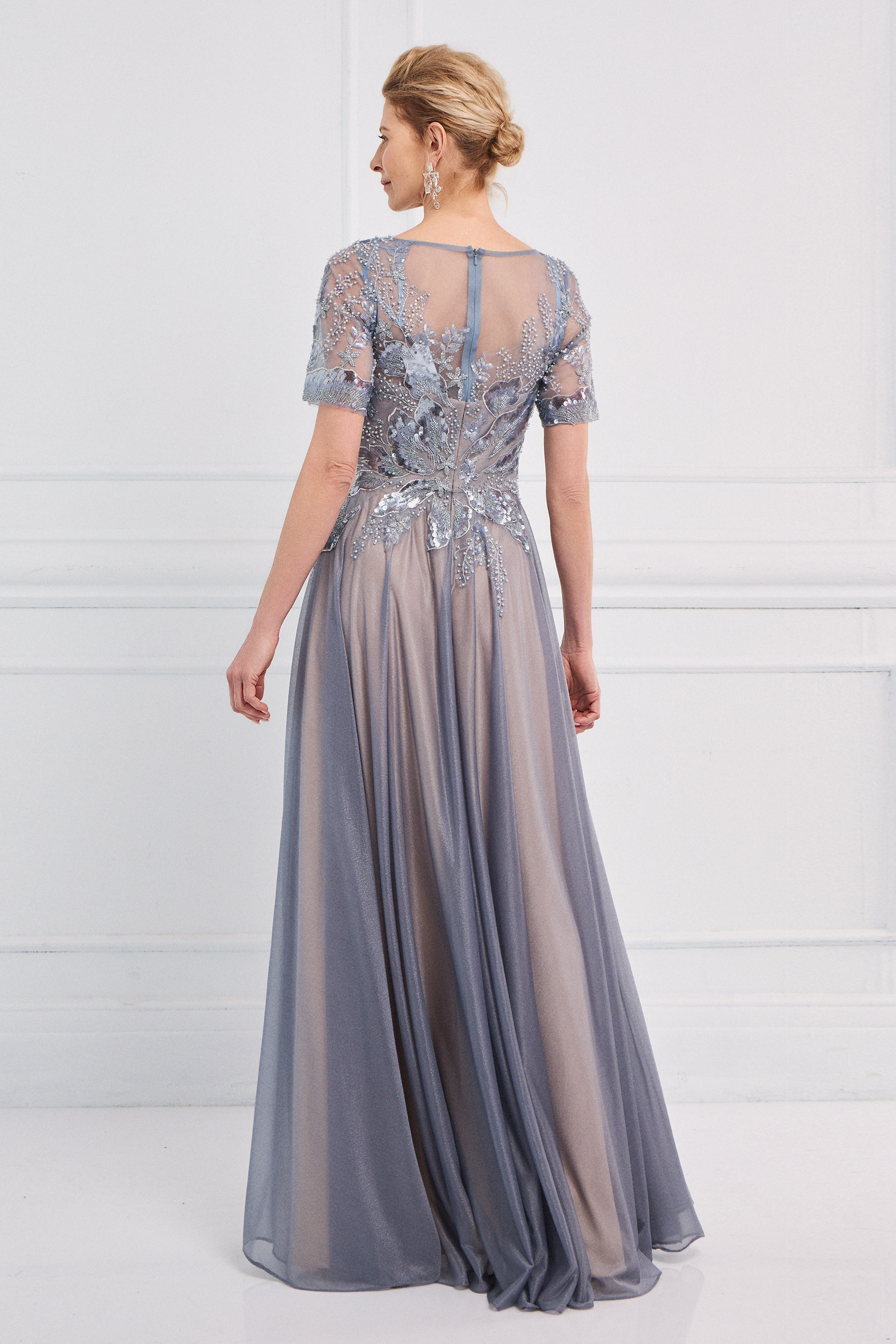 Classic Dresses / Classic long dress made of shiny fabric with fully embroidered top and 3/4 sleeves