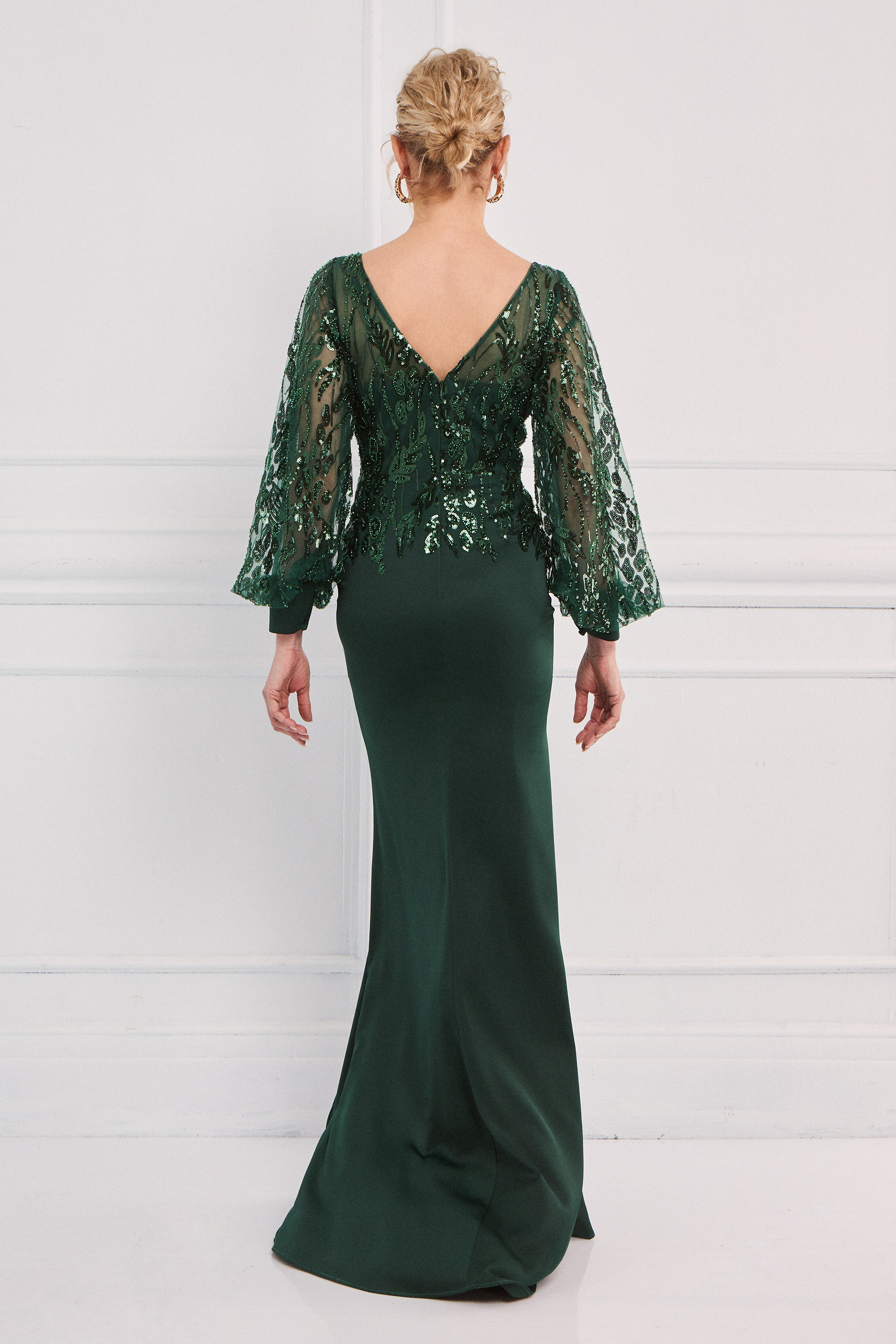 Classic Dresses / Classic long dress with satin skirt, fully embroidered top, and long sleeves with cuffs